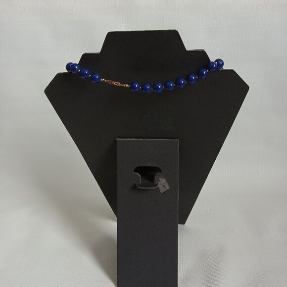 Vintage Navy Blue & Gold Toned Single Strand Acrylic Beaded Lightweight Necklace - Picture 2 of 9